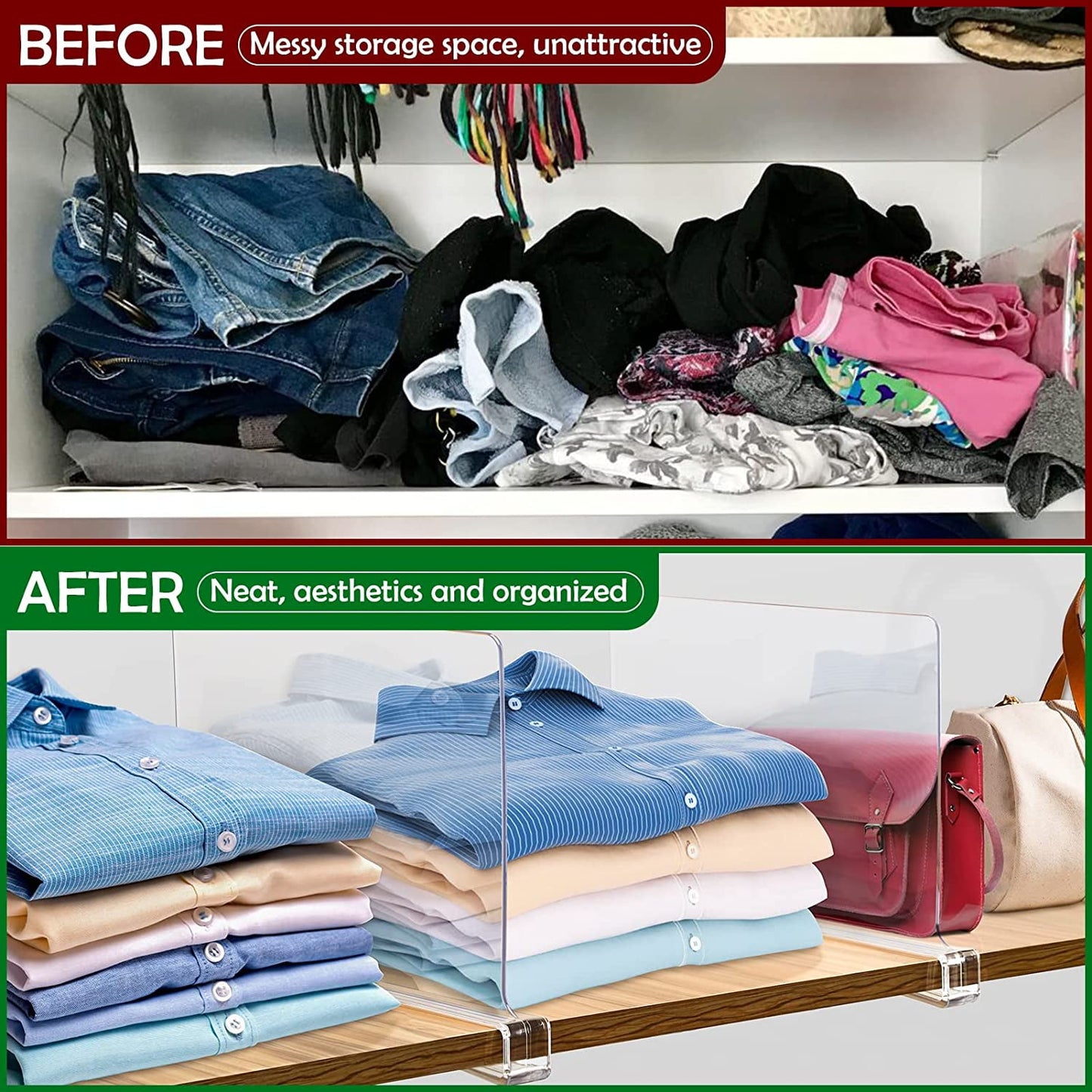 Closet organization using acrylic shelf dividers for a neat, clutter-free space