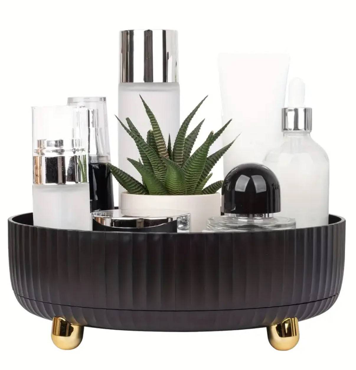 1pc Large Capacity 360-Degree Rotating Makeup & Perfume Organizer - Sleek Black Vanity Storage Tray with Golden Accents, Ribbed Edge Design for Stability, No Assembly Required,, Vanity Tray