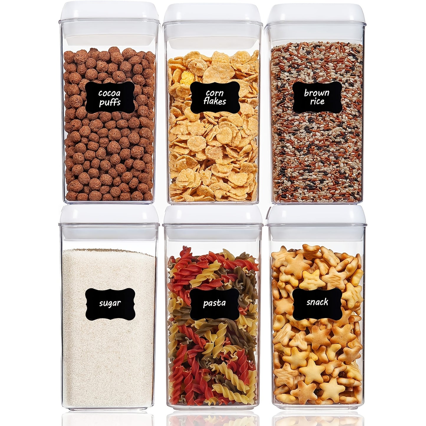 Storage containers filled with dry goods like pasta and cereal