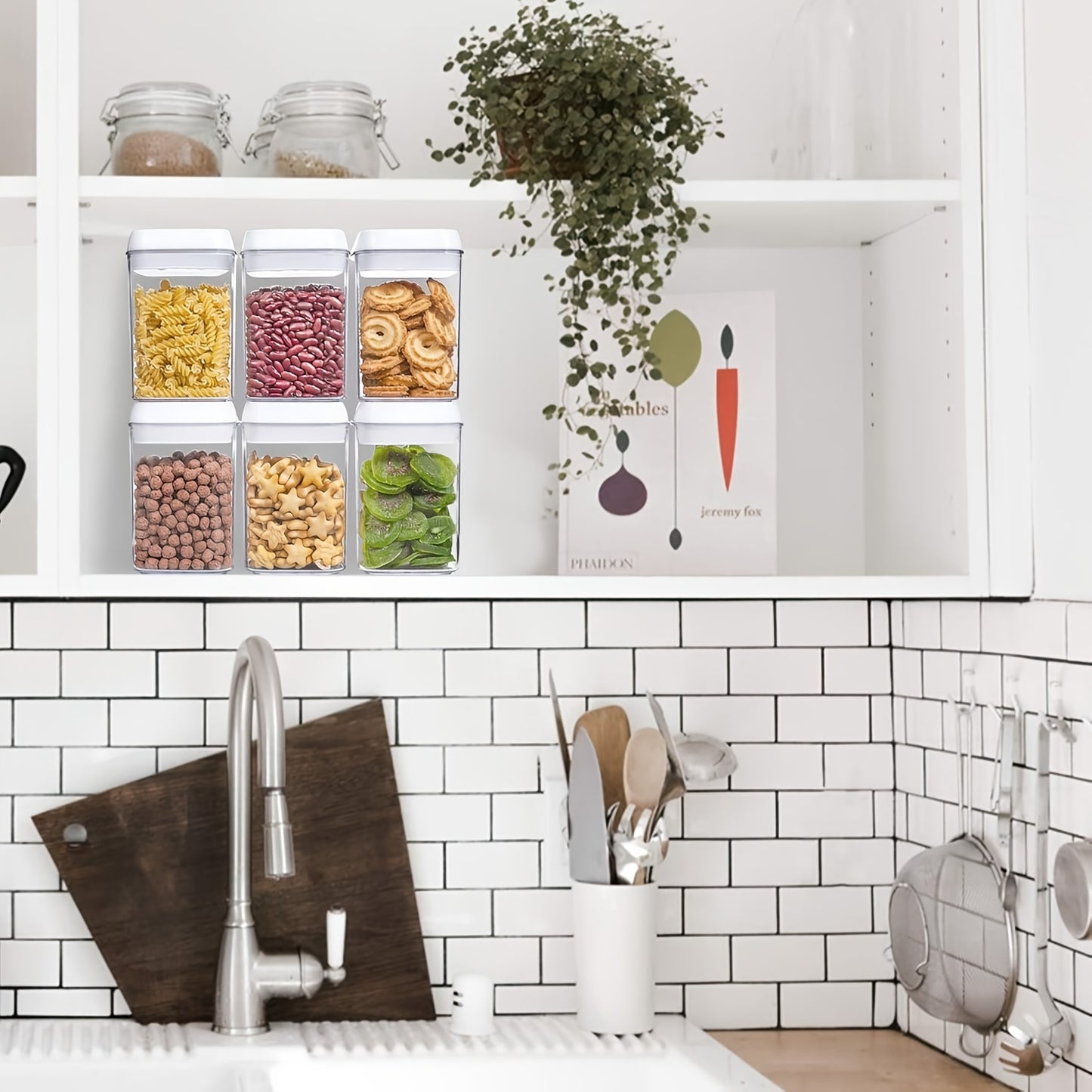 Clear food storage containers stacked on pantry shelf ā 6 pack
