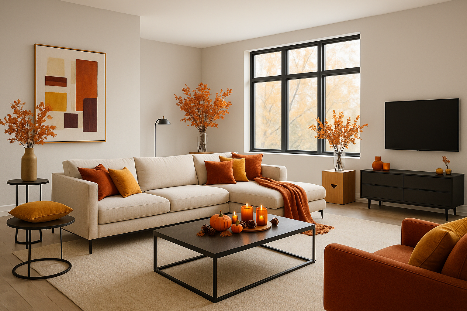 open floor plan living room in a modern fall theme decor