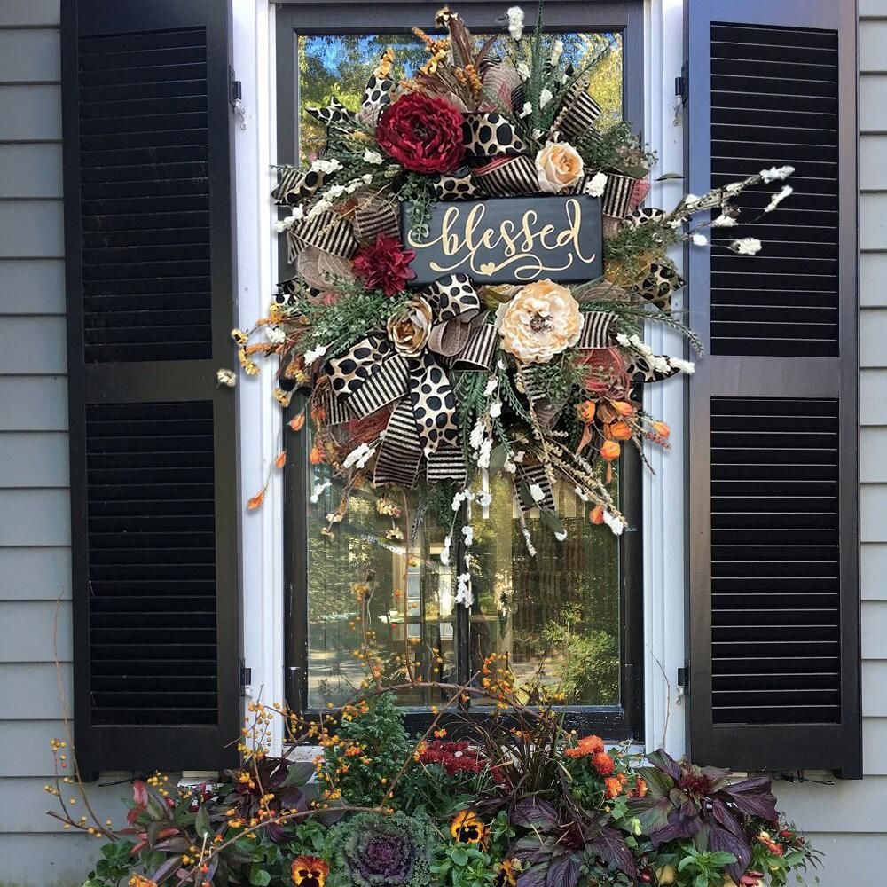 Halloween Wreath Year Round Fall Cheetah Wreath Gorgeous Autumn For Front Door Decor For Thanksgiving Fabric