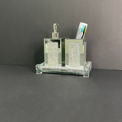 Square Soap Dispenser and Toothbrush Holder with Tray, Silver Crushed