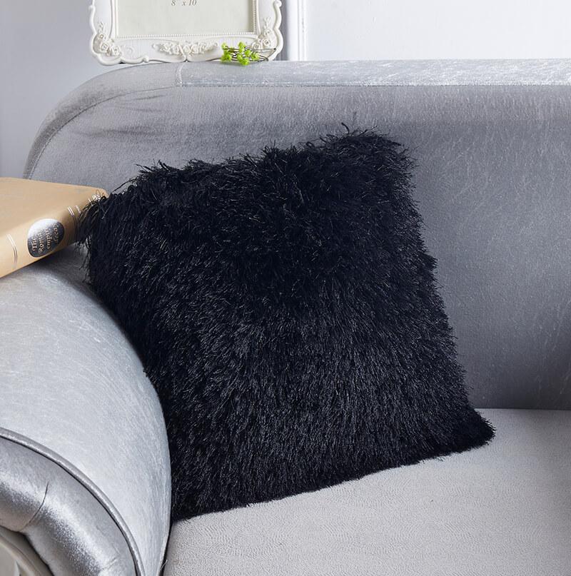 Decorative Shaggy Black Square Pillow.