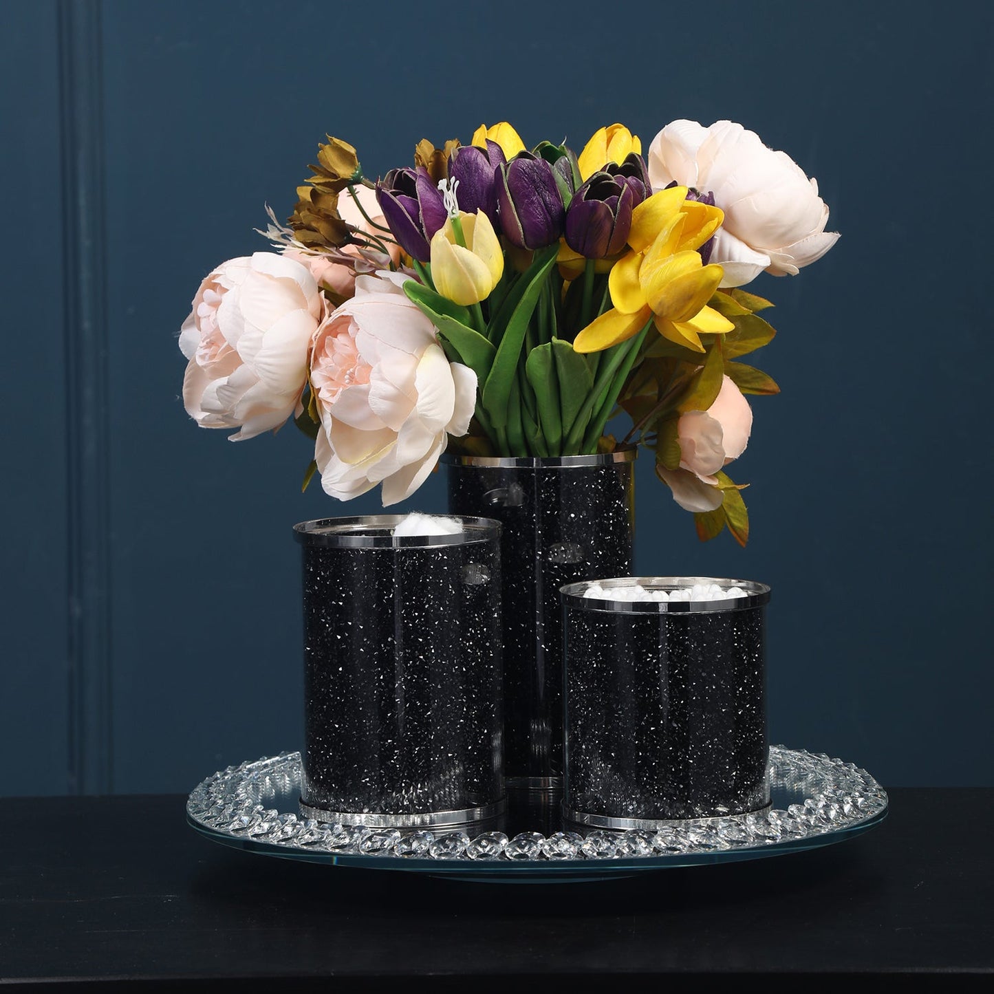 Three Canisters and Tray Gift Set, Black Crushed Diamond Glass