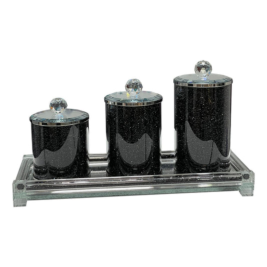 Three Canisters and Tray Gift Set, Black Crushed Diamond Glass