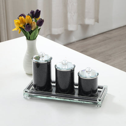 Three Canisters and Tray Gift Set, Black Crushed Diamond Glass