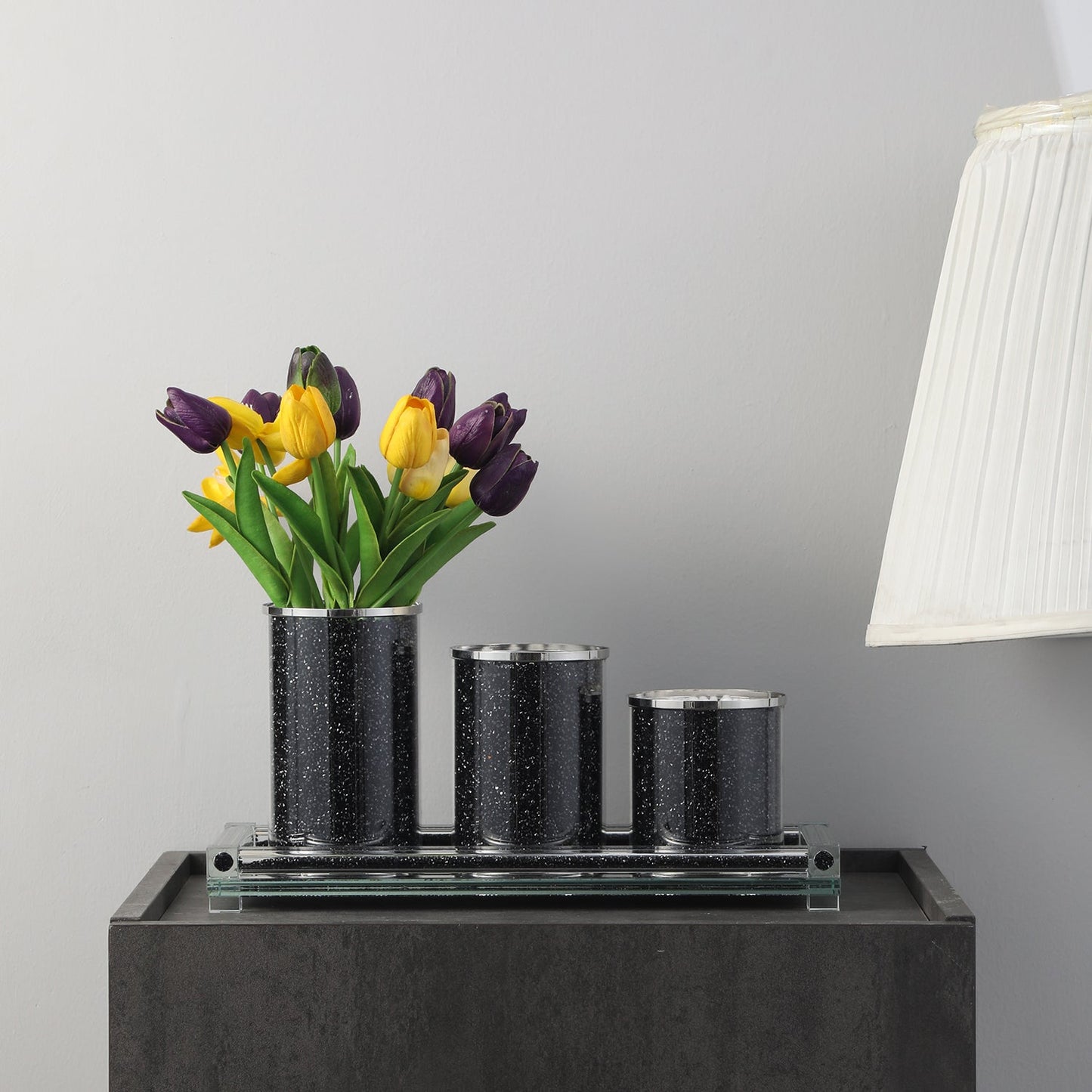 Three Canisters and Tray Gift Set, Black Crushed Diamond Glass