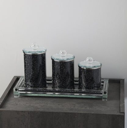 Three Canisters and Tray Gift Set, Black Crushed Diamond Glass