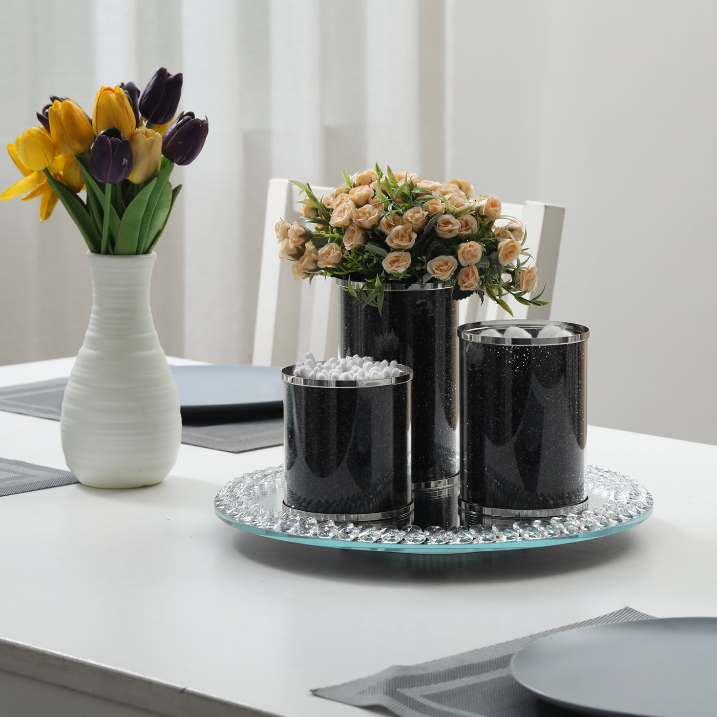 Three Canisters and Tray Gift Set, Black Crushed Diamond Glass