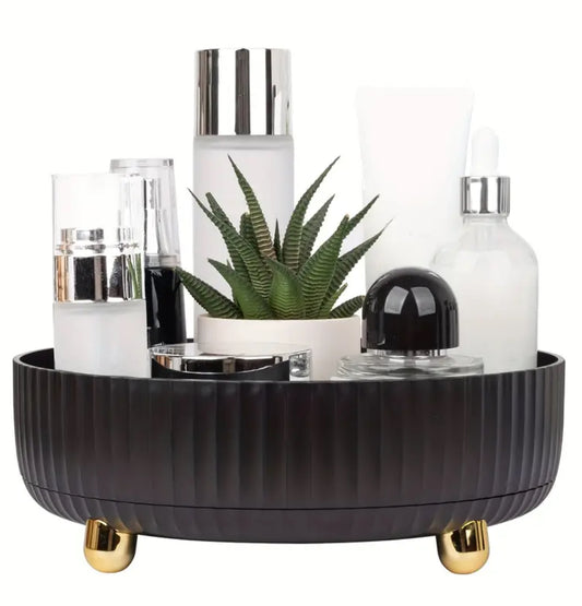 1pc Large Capacity 360-Degree Rotating Makeup & Perfume Organizer - Sleek Black Vanity Storage Tray with Golden Accents, Ribbed Edge Design for Stability, No Assembly Required,, Vanity Tray