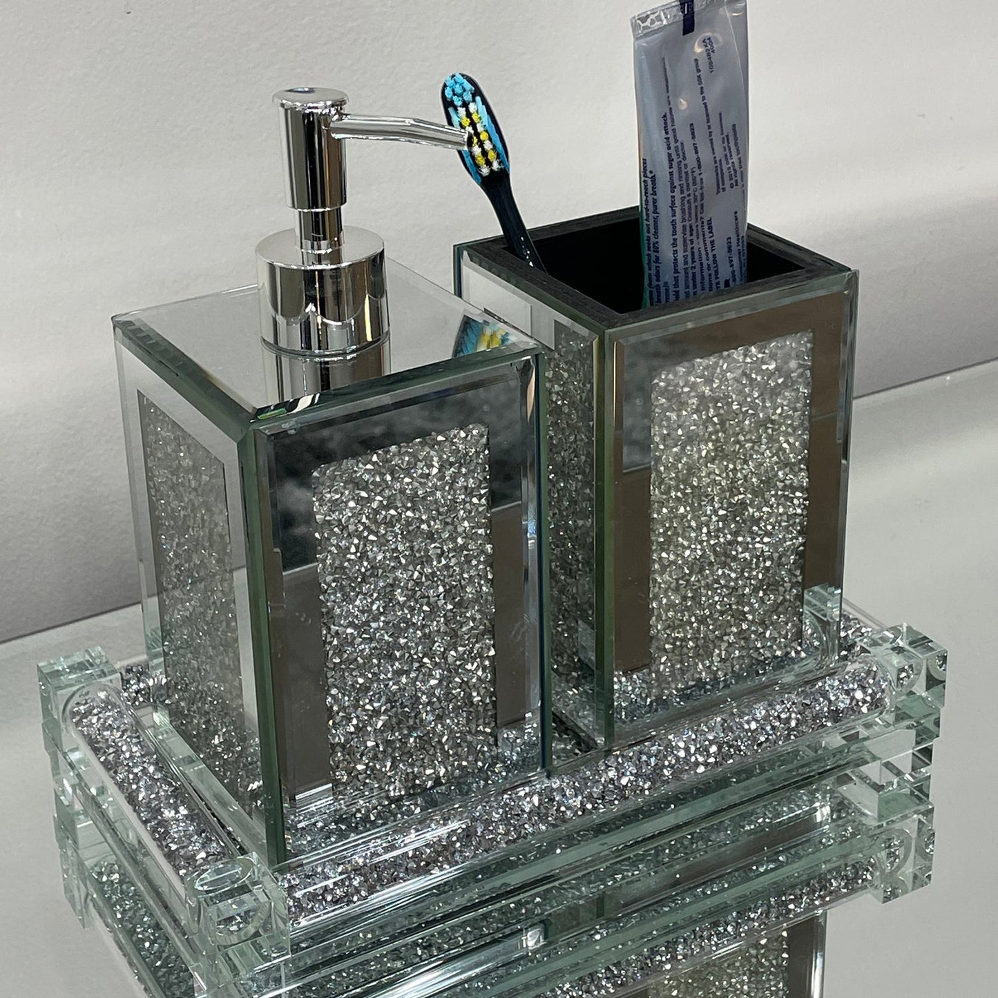 Square Soap Dispenser and Toothbrush Holder with Tray, Silver Crushed