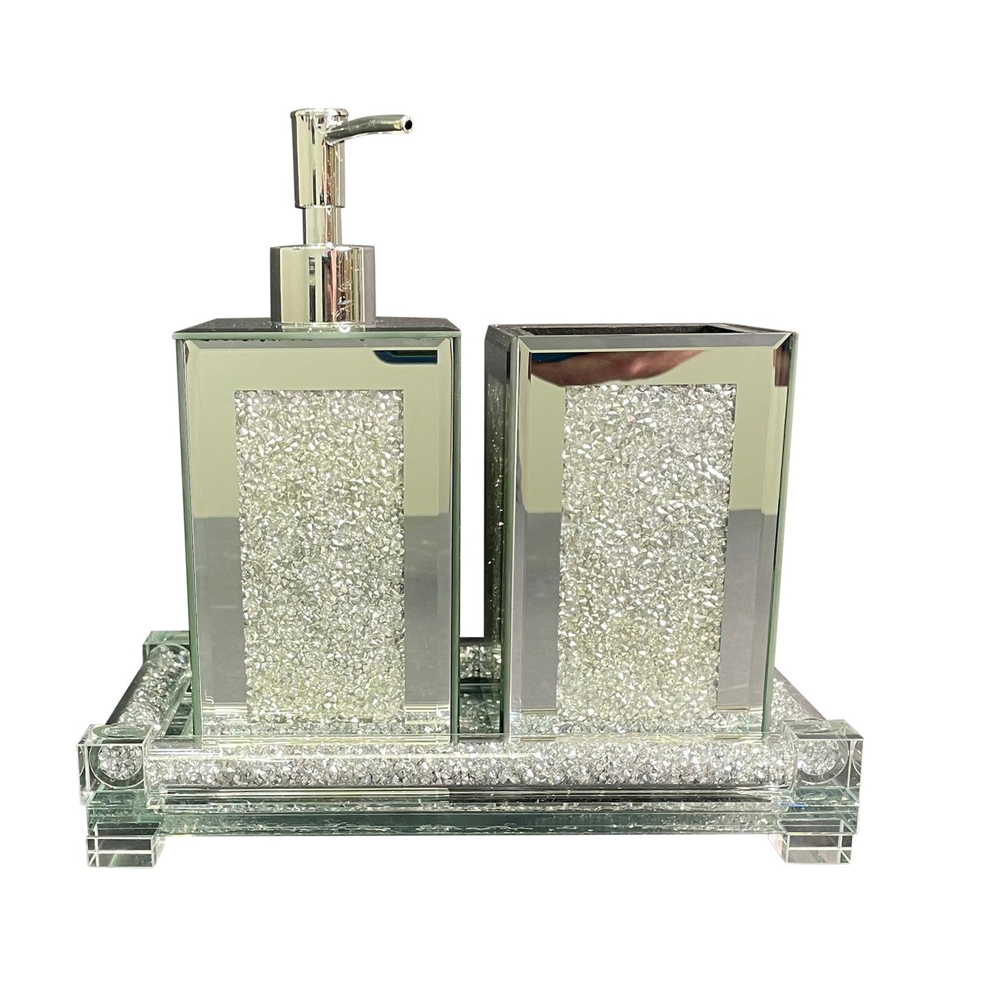 Square Soap Dispenser and Toothbrush Holder with Tray, Silver Crushed