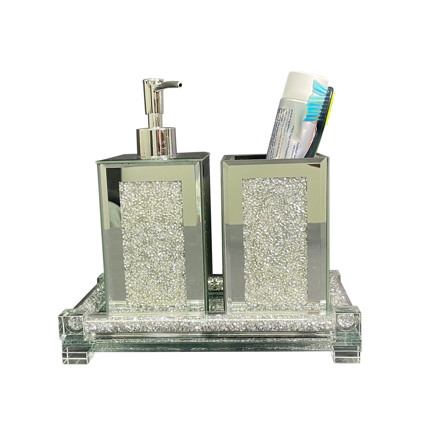 Square Soap Dispenser and Toothbrush Holder with Tray, Silver Crushed