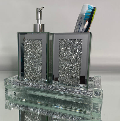 Square Soap Dispenser and Toothbrush Holder with Tray, Silver Crushed