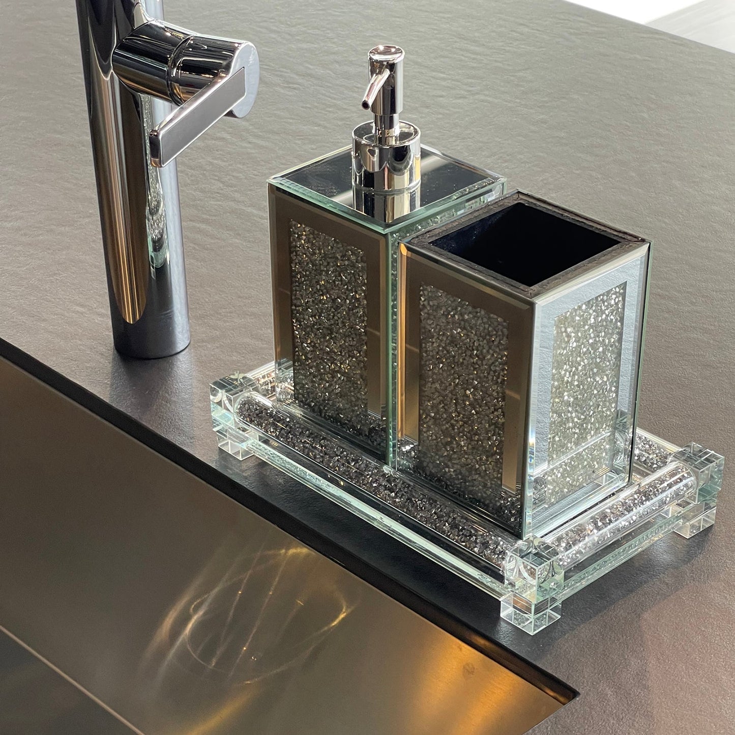 Square Soap Dispenser and Toothbrush Holder with Tray, Silver Crushed