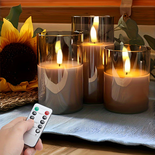 Large gray flameless LED candle with remote and flickering flame effect