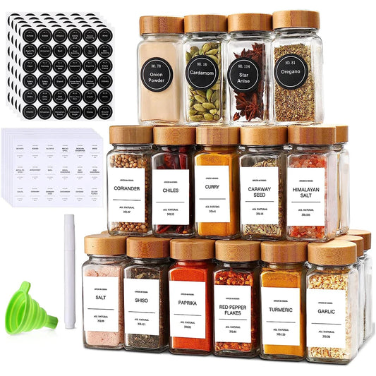 12pcs Wood Cover Glass Spice Jars Square Transparent Seasoning Storage Bottles Kitchen Salt Spices Ground Pepper Sealing Tools