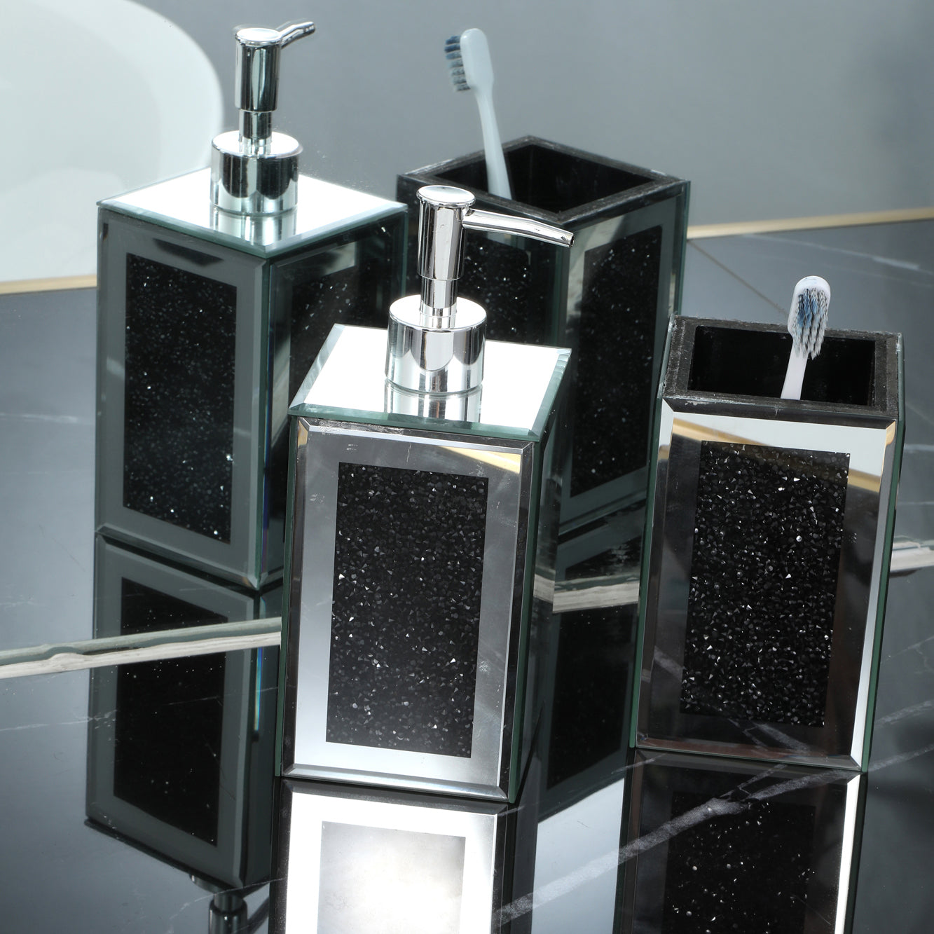 Square Soap Dispenser and Toothbrush Holder in Gift Box, Black Crushed