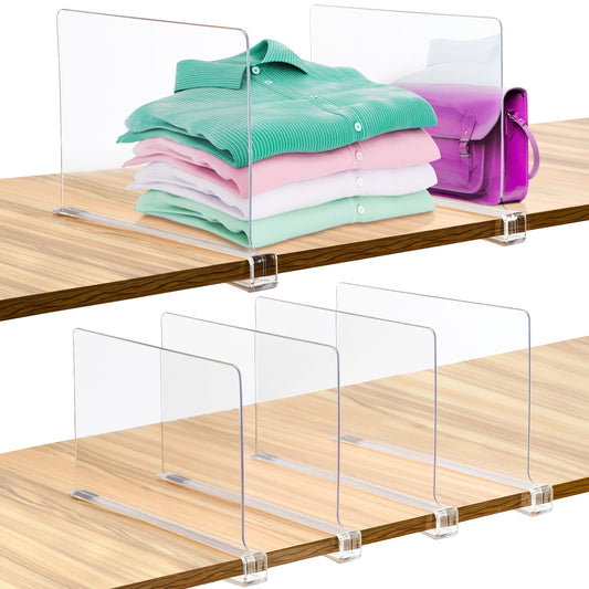 Clear closet shelf organizers separating purses and sweaters on a wooden shelf