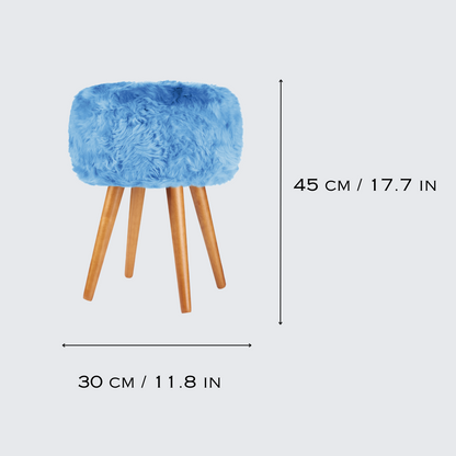 Sky blue genuine sheepskin stool with oak legs