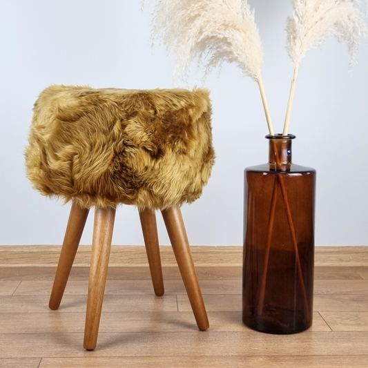 Khaki yellow genuine sheepskin stool with oak legs