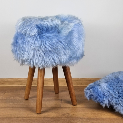 Sky blue genuine sheepskin stool with oak legs