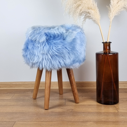 Sky blue genuine sheepskin stool with oak legs