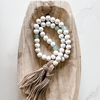 Whitewashed Wood Bead Garland with Jumbo Aqua Recycled Glass Beads