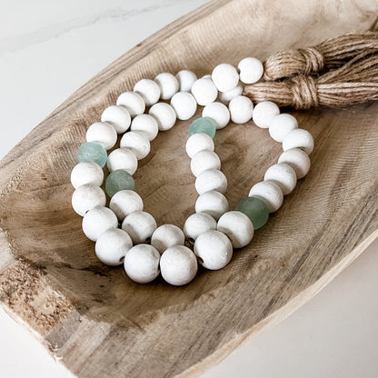 Whitewashed Wood Bead Garland with Jumbo Aqua Recycled Glass Beads