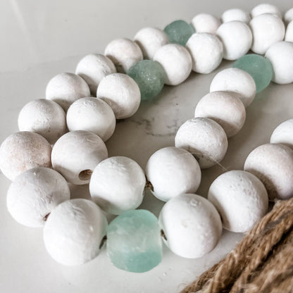 Whitewashed Wood Bead Garland with Jumbo Aqua Recycled Glass Beads