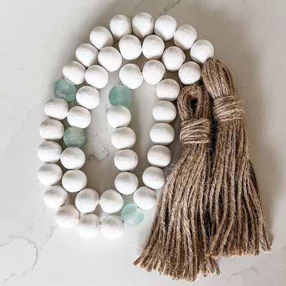 Whitewashed Wood Bead Garland with Jumbo Aqua Recycled Glass Beads