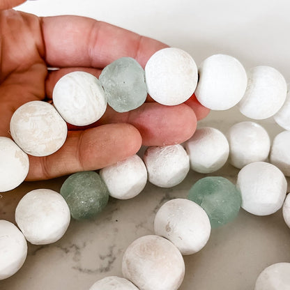 Whitewashed Wood Bead Garland with Jumbo Aqua Recycled Glass Beads