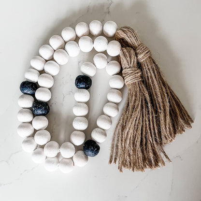 Whitewashed Wood Bead Garland with Jumbo Black Recycled Glass Beads