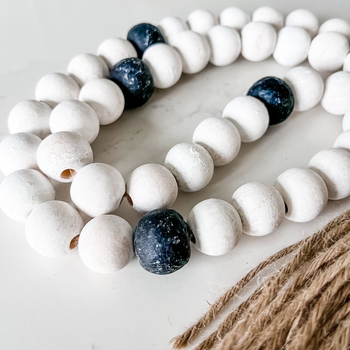 Whitewashed Wood Bead Garland with Jumbo Black Recycled Glass Beads