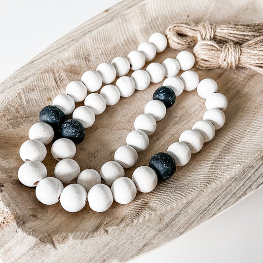 Whitewashed Wood Bead Garland with Jumbo Black Recycled Glass Beads