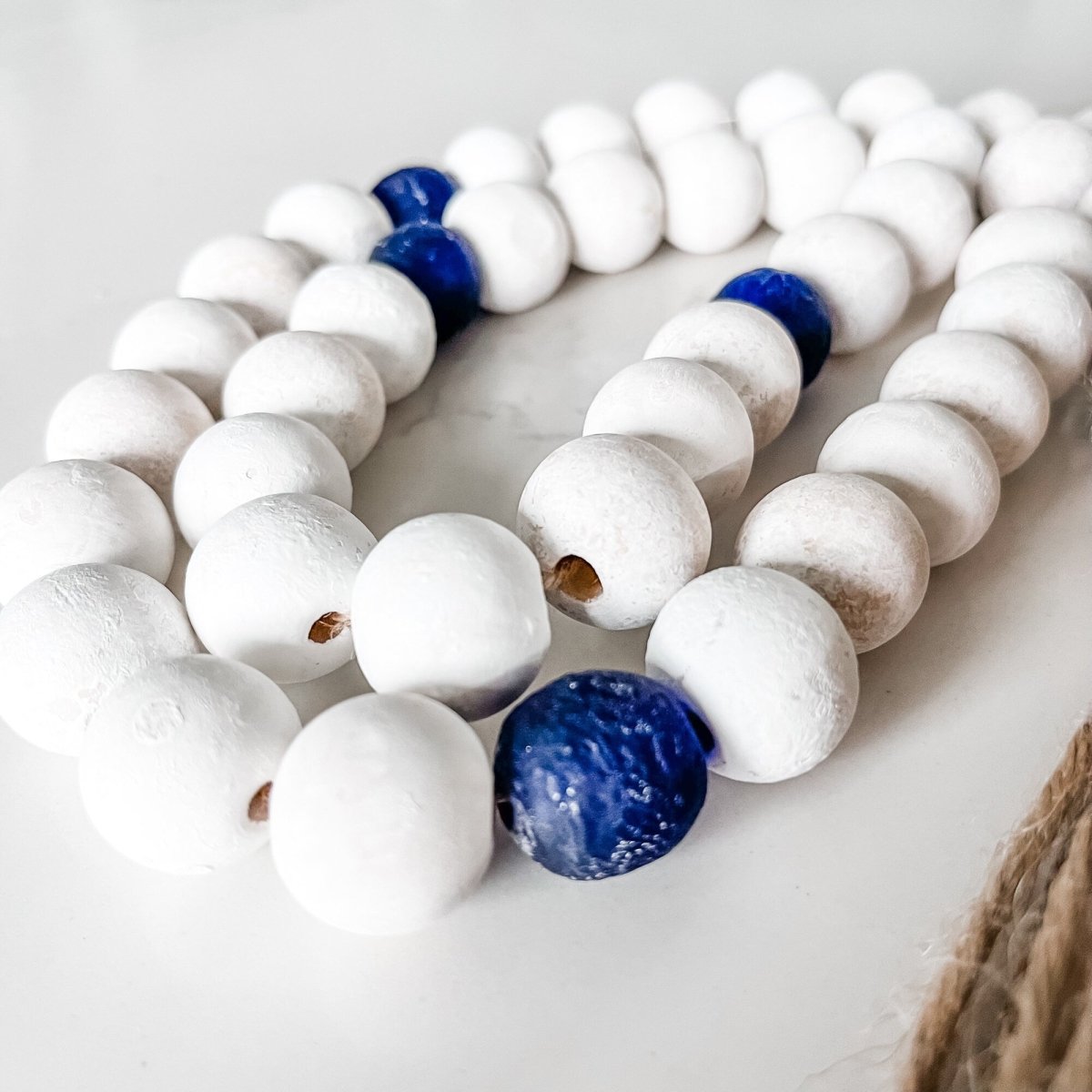 Whitewashed Wood Bead Garland with Jumbo Cobalt Blue Recycled Glass