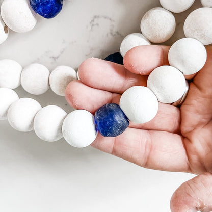 Whitewashed Wood Bead Garland with Jumbo Cobalt Blue Recycled Glass