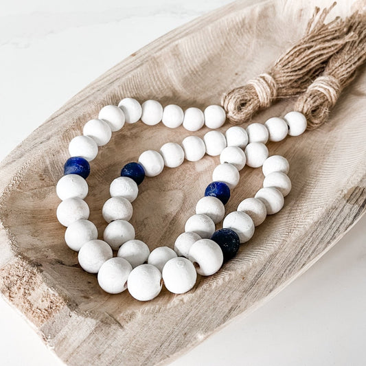 Whitewashed Wood Bead Garland with Jumbo Cobalt Blue Recycled Glass