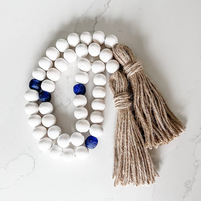 Whitewashed Wood Bead Garland with Jumbo Cobalt Blue Recycled Glass