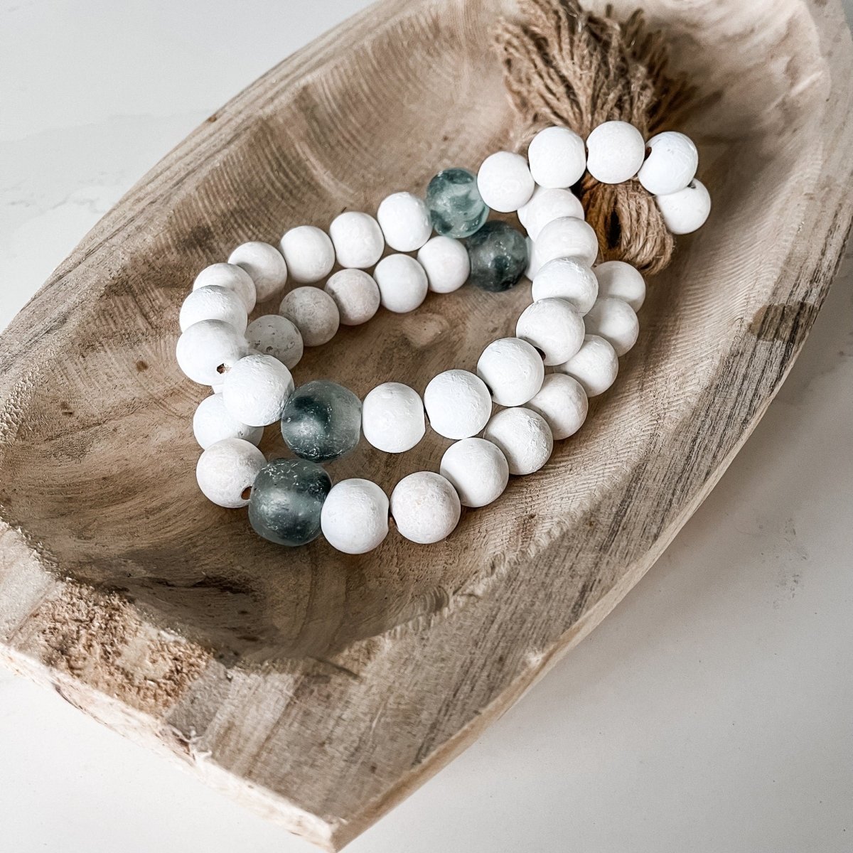 Whitewashed Wood Bead Garland with Jumbo Gray Recycled Glass Beads