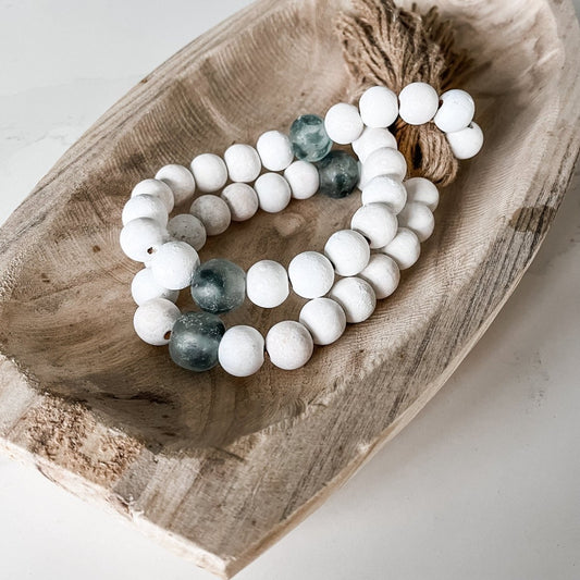 Whitewashed Wood Bead Garland with Jumbo Gray Recycled Glass Beads