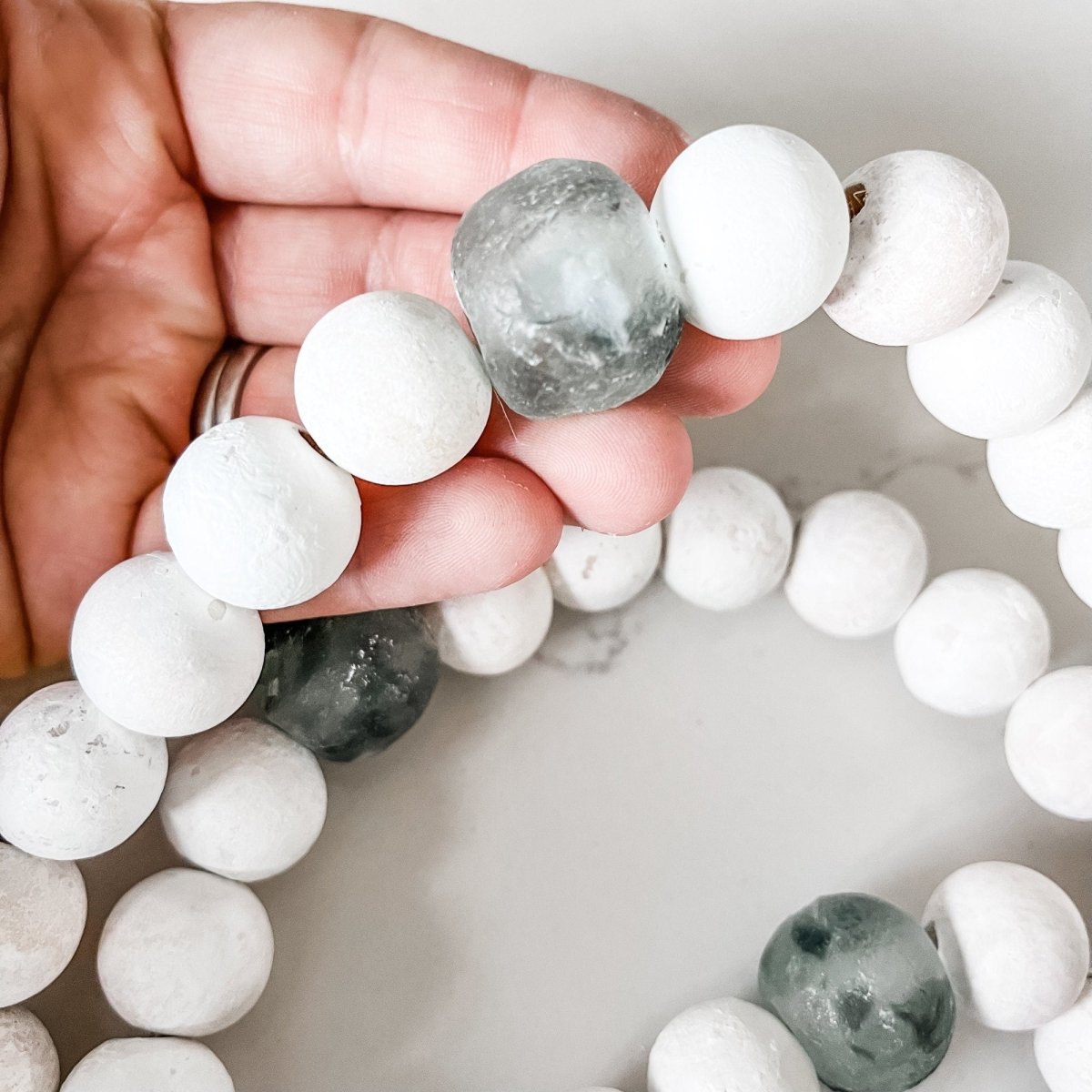 Whitewashed Wood Bead Garland with Jumbo Gray Recycled Glass Beads