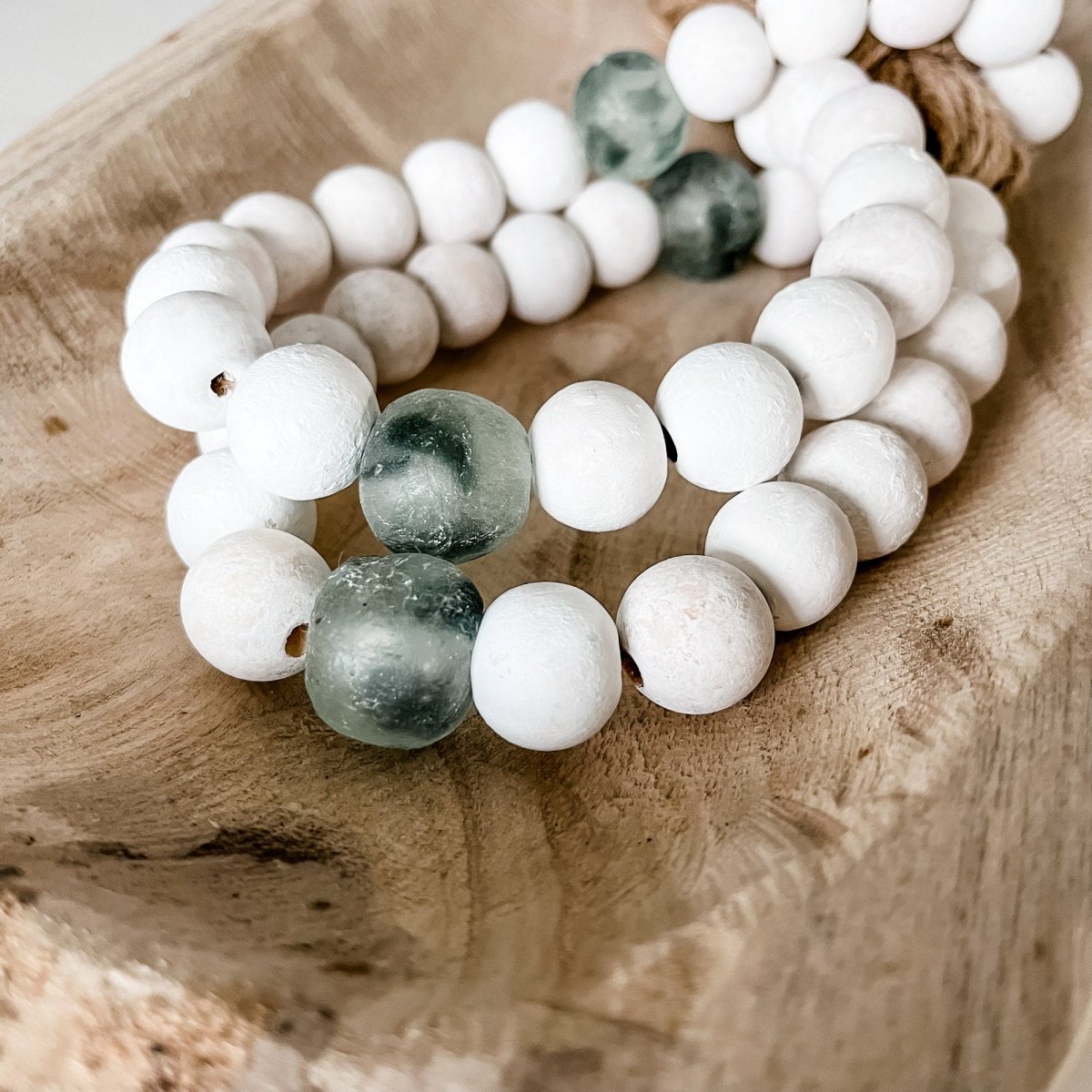 Whitewashed Wood Bead Garland with Jumbo Gray Recycled Glass Beads