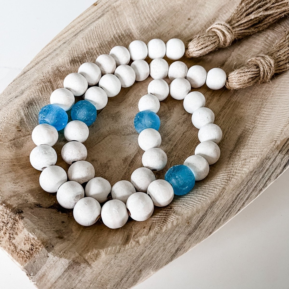 Whitewashed Wood Bead Garland with Jumbo Ice Blue Recycled Glass Beads