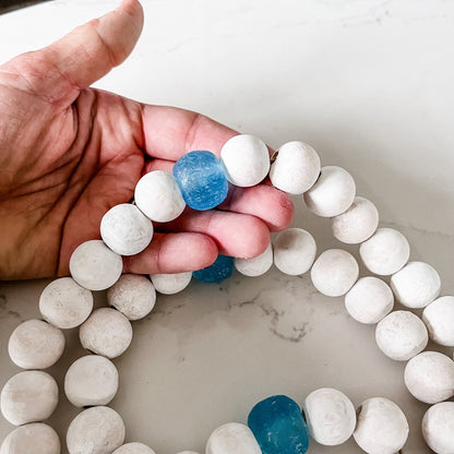 Whitewashed Wood Bead Garland with Jumbo Ice Blue Recycled Glass Beads