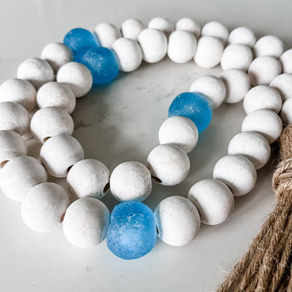 Whitewashed Wood Bead Garland with Jumbo Ice Blue Recycled Glass Beads