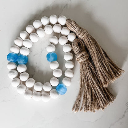 Whitewashed Wood Bead Garland with Jumbo Ice Blue Recycled Glass Beads