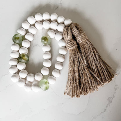 Whitewashed Wood Bead Garland with Jumbo Olive Green Recycled Glass