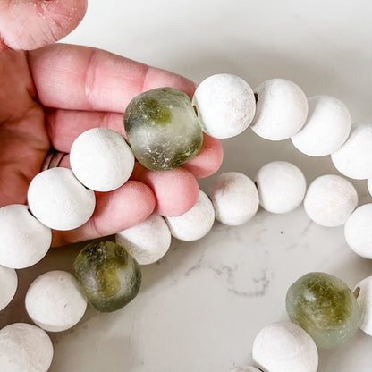 Whitewashed Wood Bead Garland with Jumbo Olive Green Recycled Glass